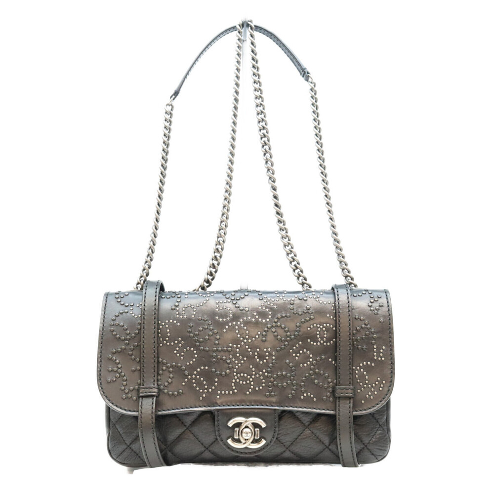 CHANEL A94074 Black Calfskin Silver Hardware Paris Dallas Studded Buckle Flap...